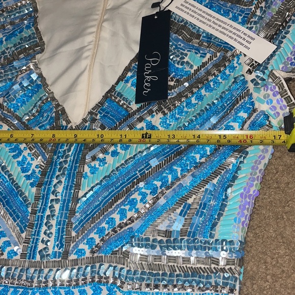 NWT Parker heavily beaded embellished sequin  vneck turquoise blue mini dress - Picture 11 of 12